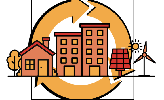 Icon of city buildings and renewable energy options are set in front of circular arrows.